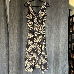 Womens 12 DKNY Fake Wrap Leaf Print Dress Navy Blue Green Tan